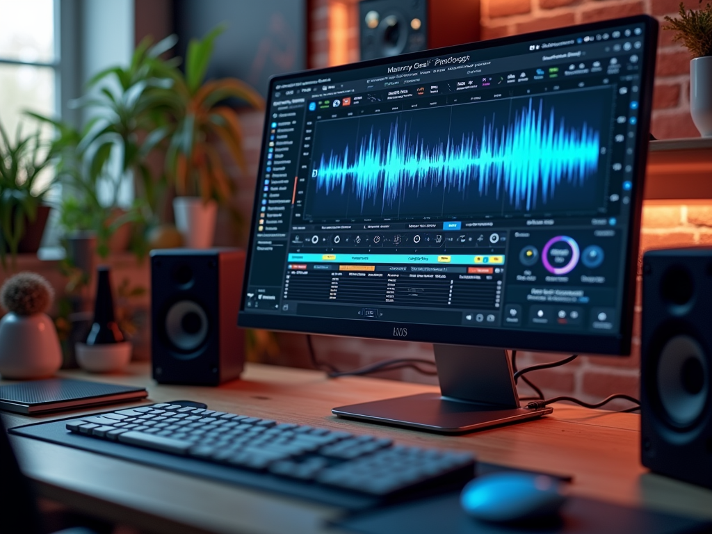 A computer setup with an audio editing software interface displayed, keyboard, mouse, and speakers in a cozy workspace.