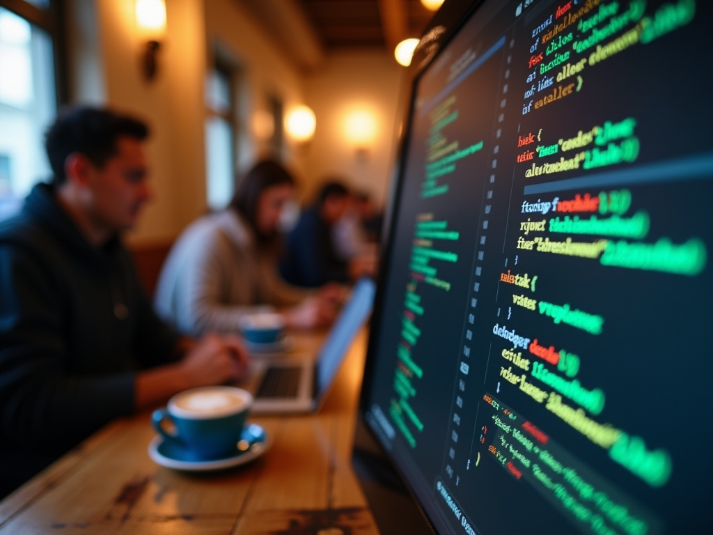 Focused view of a computer screen displaying colorful coding scripts with blurred people working in a cafe.