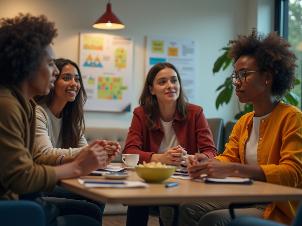 A group of four women engaged in discussion around a table in a bright meeting room, with snacks and notes.