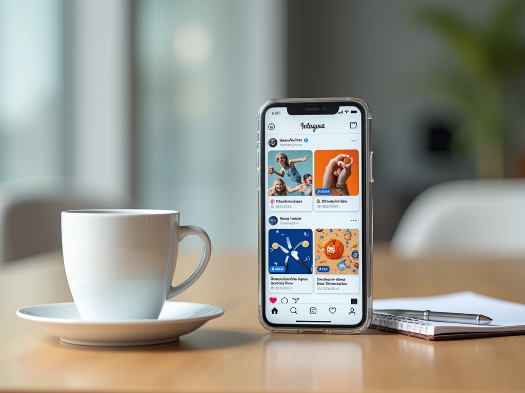 Smartphone displaying Instagram on a desk beside a coffee cup and notebook.