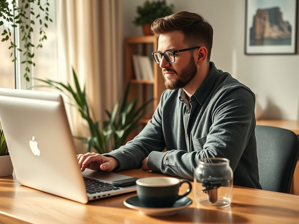 A young man with glasses sits at a desk, focused on his laptop, with a coffee cup and plants around him.