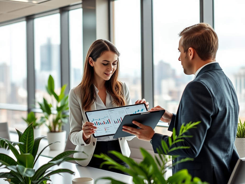 A business meeting in a city office, with a woman presenting data on a tablet to a man. Plants are visible nearby.