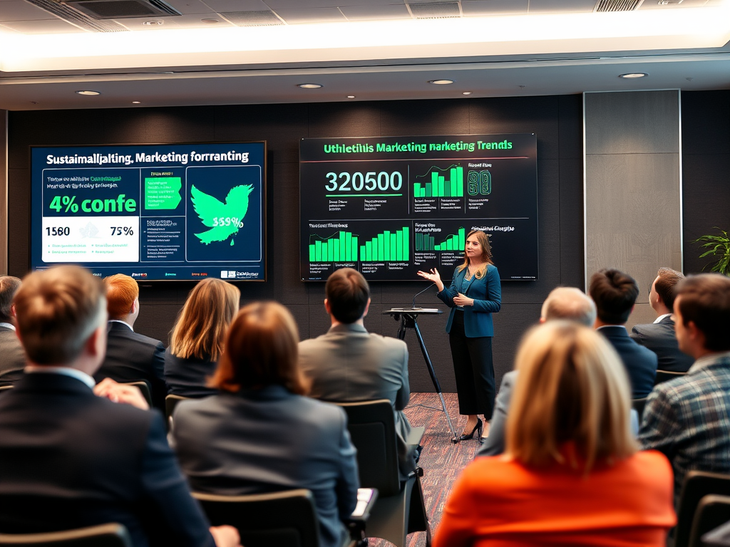 A woman presents marketing trends in a conference room, with charts displayed on screens and an audience listening attentively.