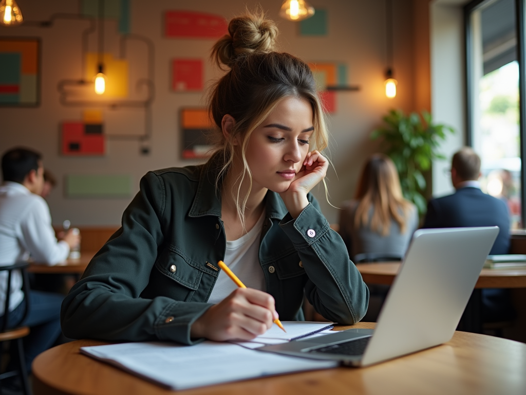 A young woman in a cafe focuses on her laptop while taking notes, with people working in the background.