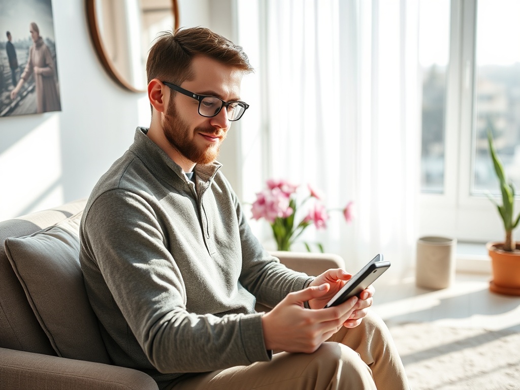 A young man with glasses sits on a sofa, smiling while using a smartphone in a bright, cozy room.