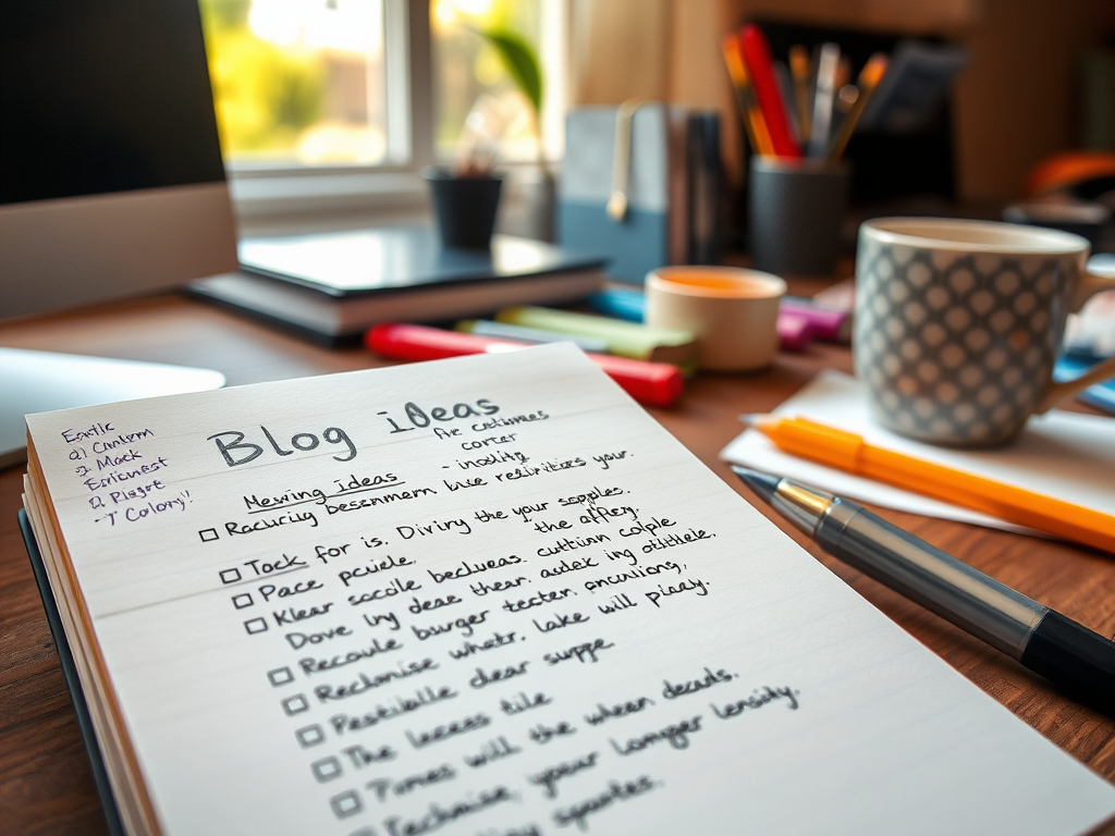 A notepad with blog ideas, a coffee mug, and office supplies on a desk, with a computer in the background.
