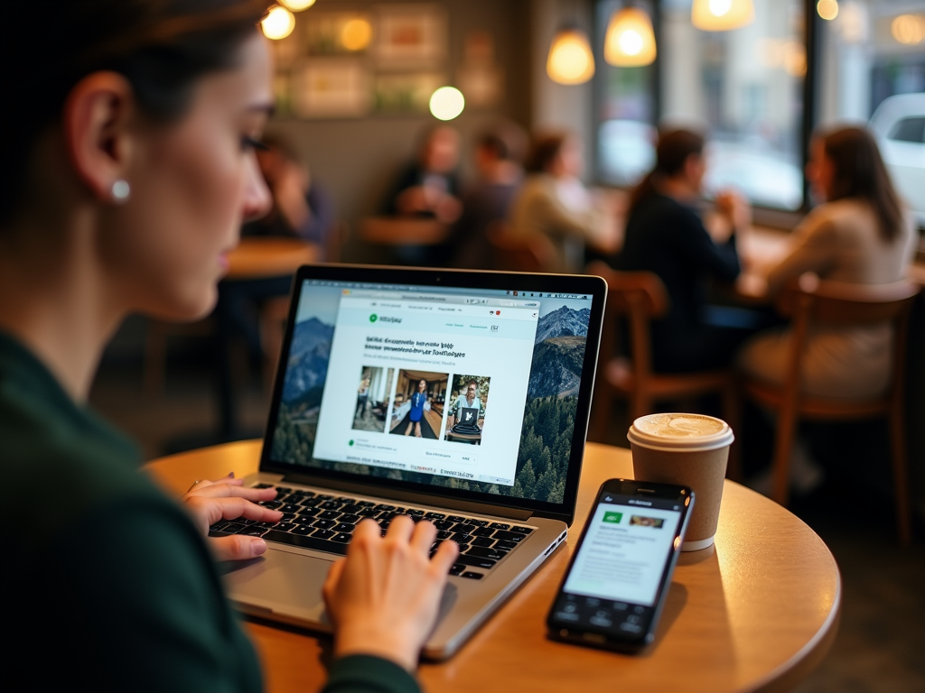 Woman using a laptop in a cafe with a coffee cup and smartphone on the table.