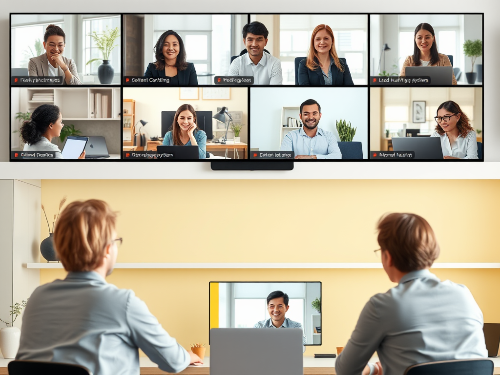 Two people sit at a desk, attending a video conference displayed on large screens with multiple participants.