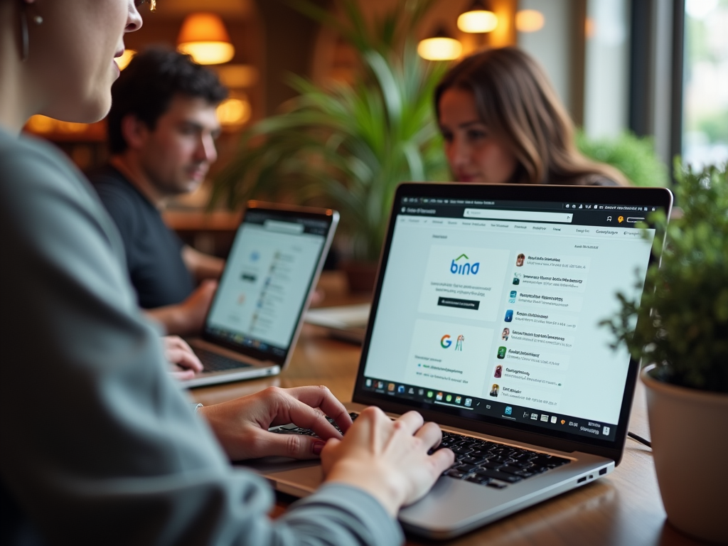 Three people at a table using laptops with a webpage open on the closest screen.