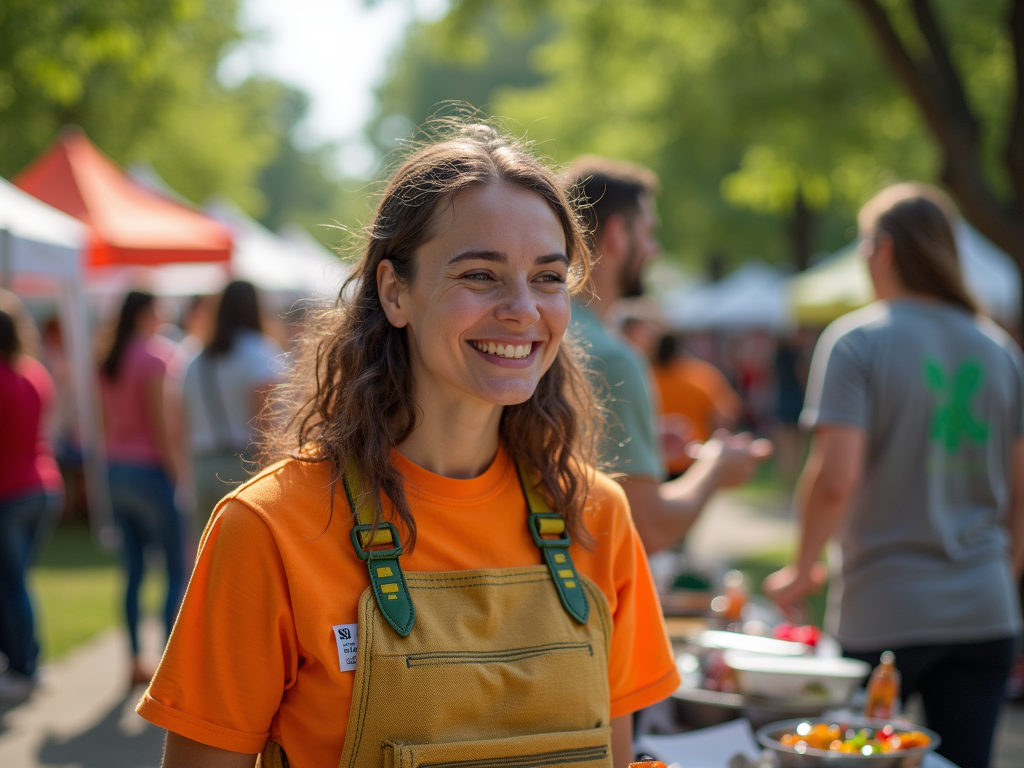 Young woman smiling in an orange shirt at a sunny outdoor market.