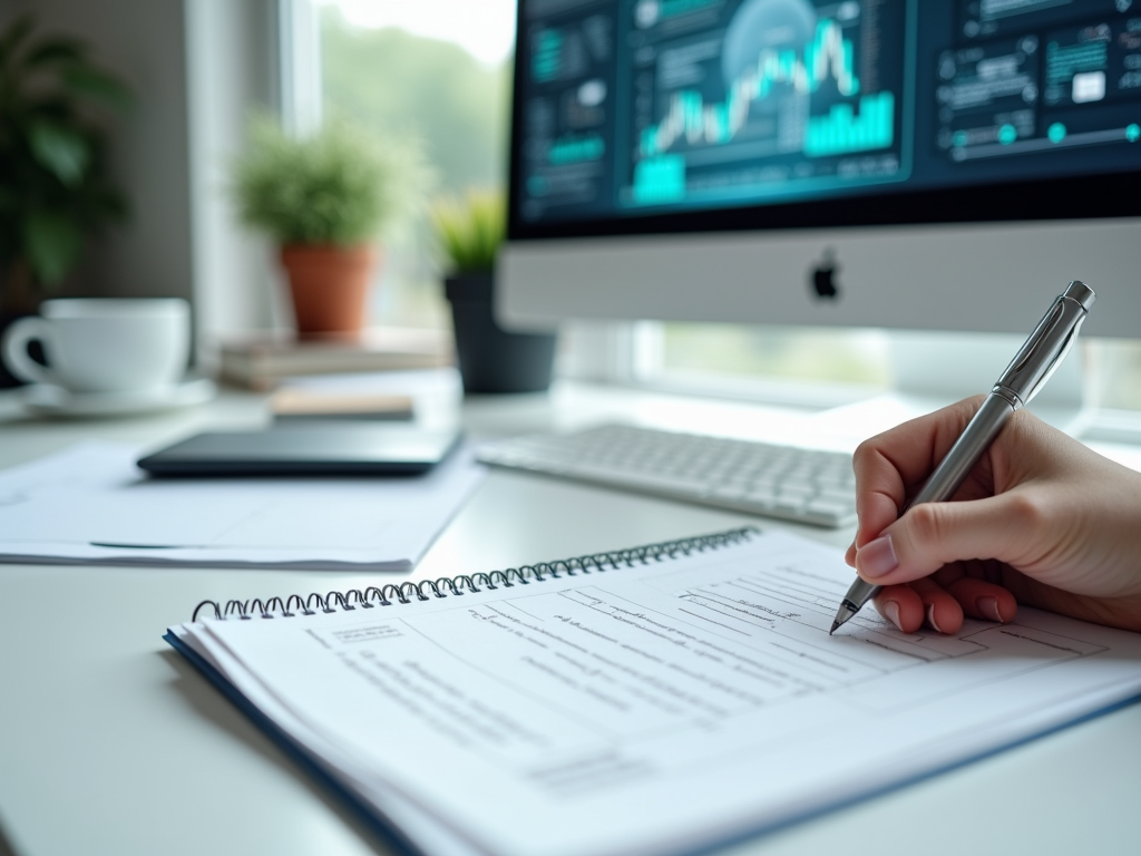 A person writes on a notepad with a pen, while a computer displays data charts in the background.