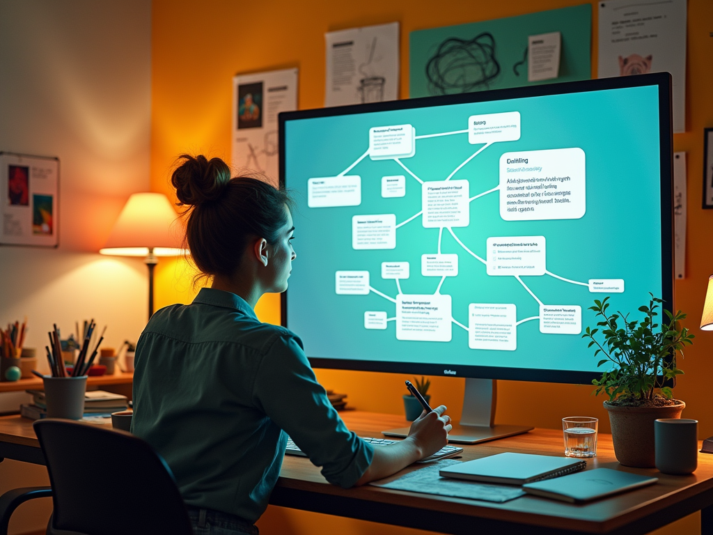 A person sits at a desk, focused on a large screen displaying a mind map, with plants and stationery around.