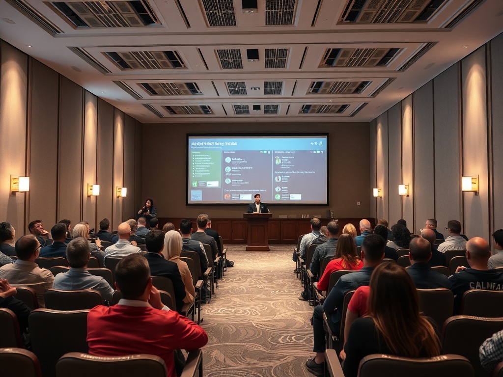 A presenter speaks to a large audience in a conference room, with a screen displaying information behind them.