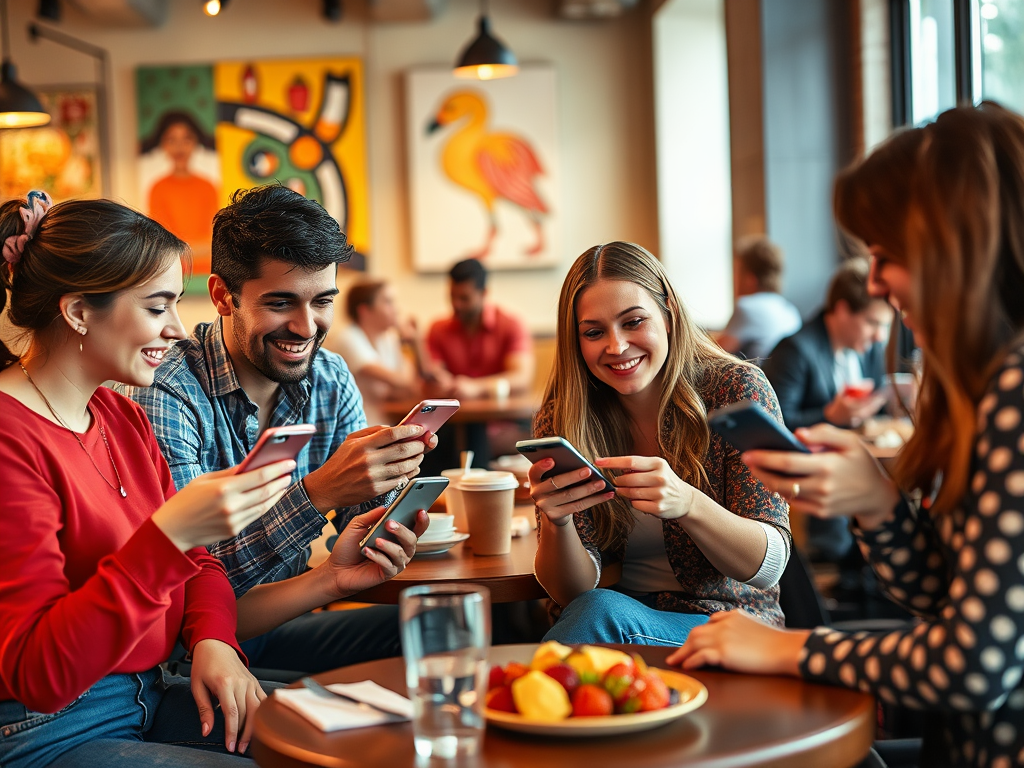 Four friends are smiling and enjoying their phones at a café, with a plate of fruit on the table.