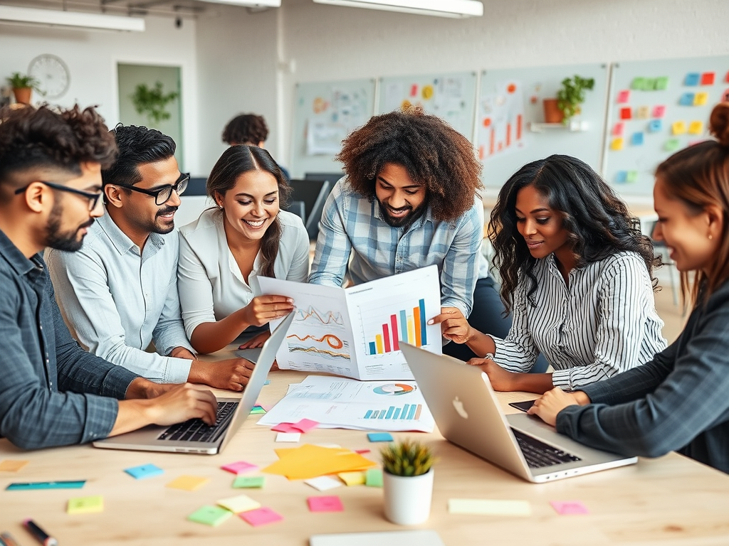 A group of six diverse professionals collaborates over laptops and documents, sharing ideas and insights in a bright office.