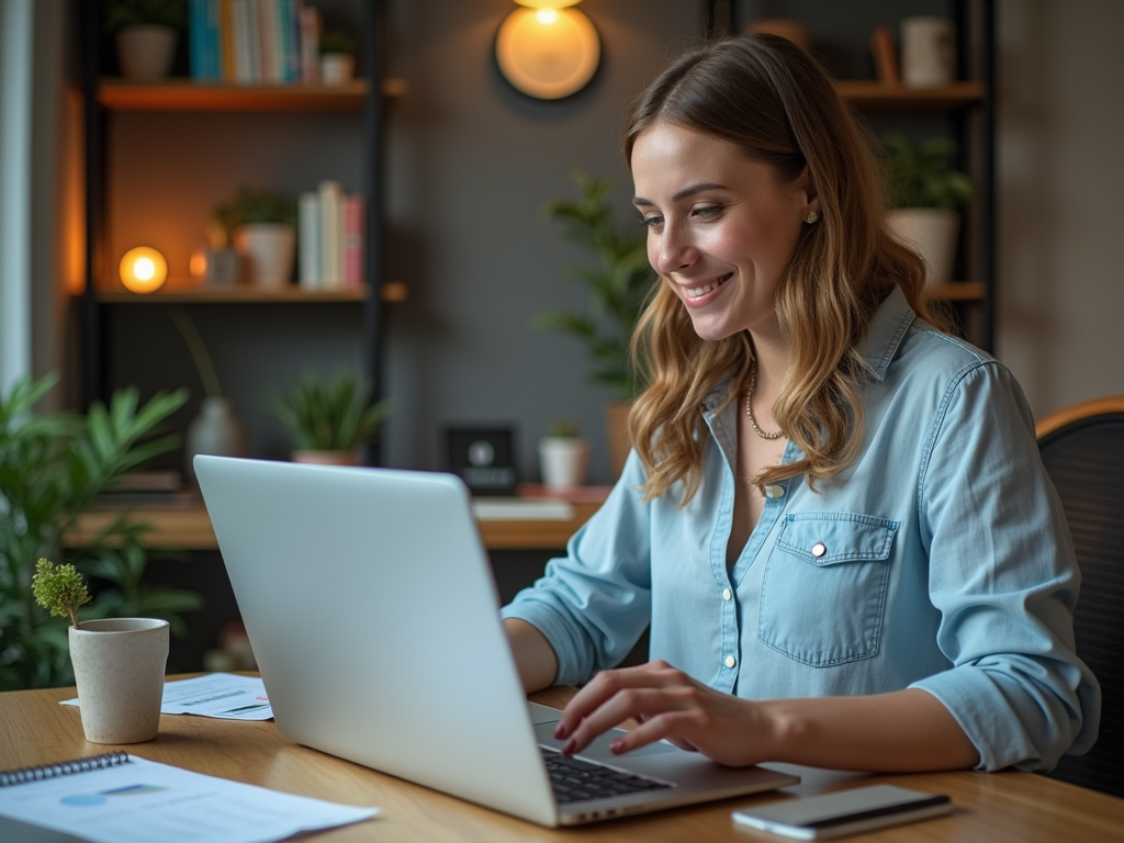 Woman smiling while working on laptop in cozy, well-lit home office.