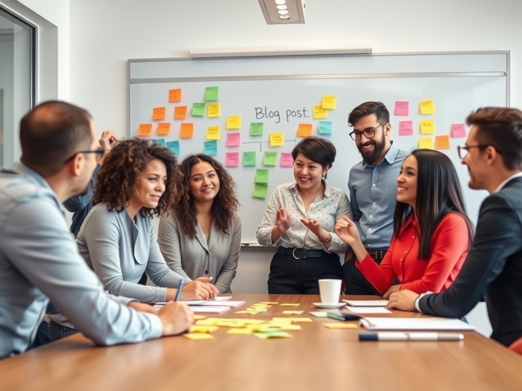 A diverse team collaborates and shares ideas during a brainstorming session at a conference table surrounded by sticky notes.