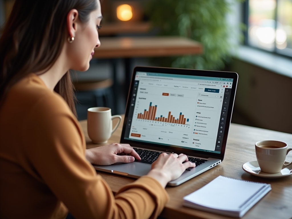 Woman analyzing financial data on laptop in a cafe, with coffee and notepad on table.