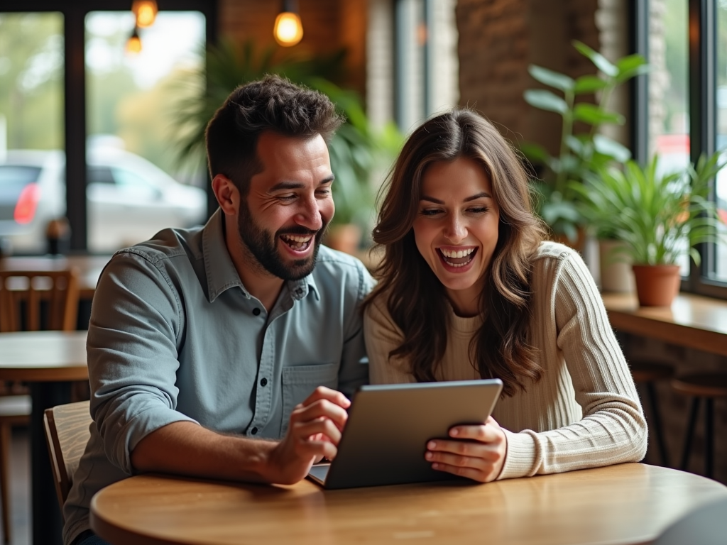 A smiling couple sits at a table, sharing a tablet, enjoying a moment together in a cozy café.