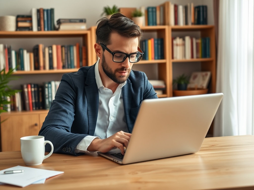 A man in a suit works on a laptop at a desk, with a coffee cup and bookshelves in the background.