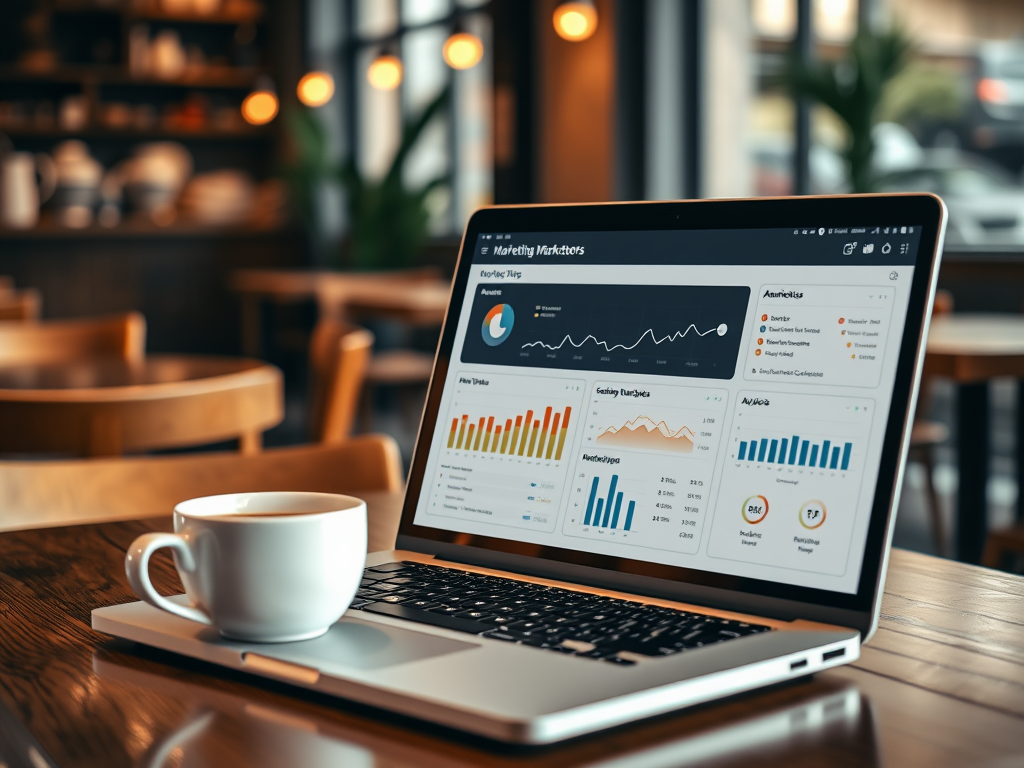 A laptop displaying marketing analytics data sits on a wooden table next to a white coffee cup in a cozy café.