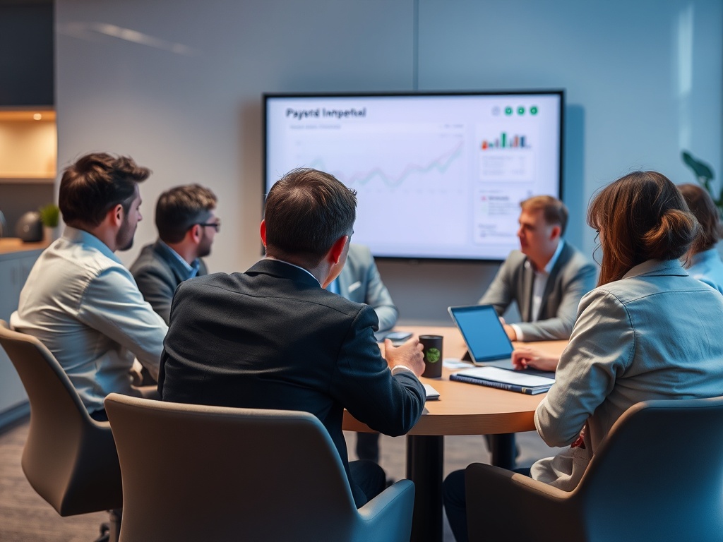 A group of professionals in a meeting, focused on a presentation displaying charts and data on a screen.