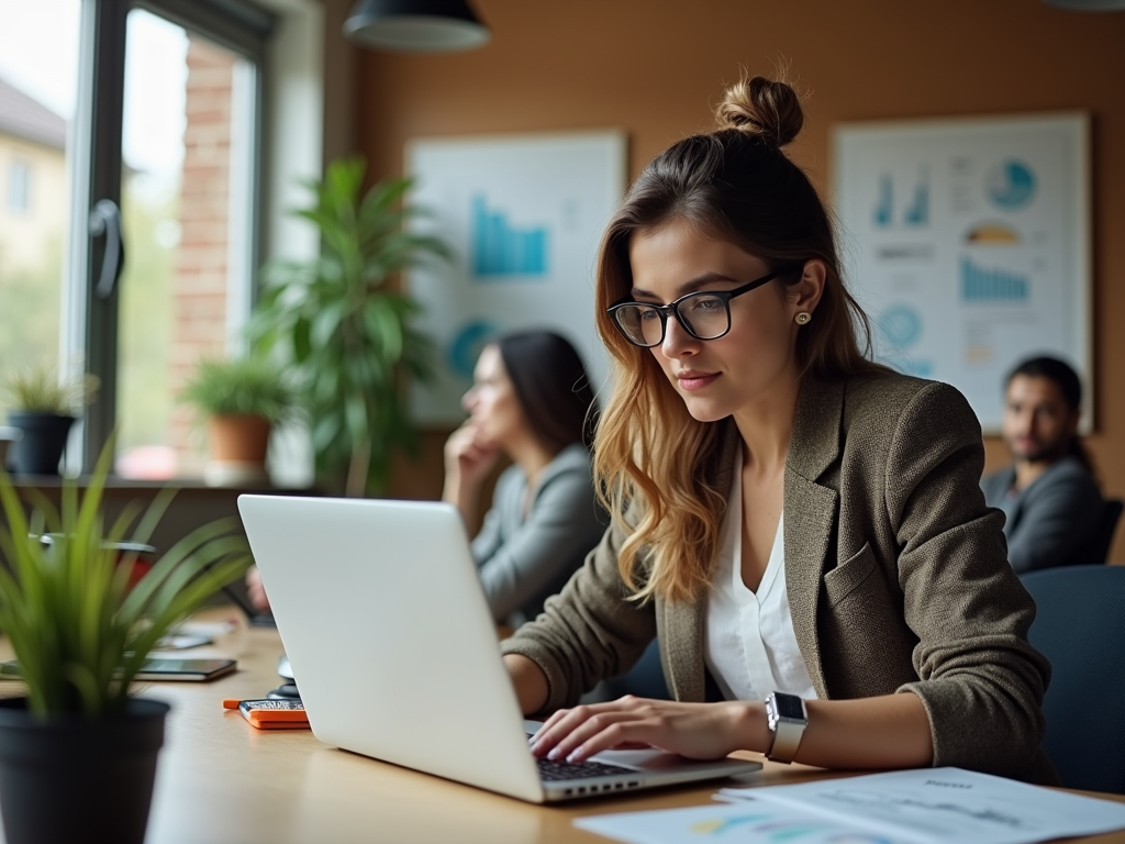 Focused woman working on laptop in office, team members in background.