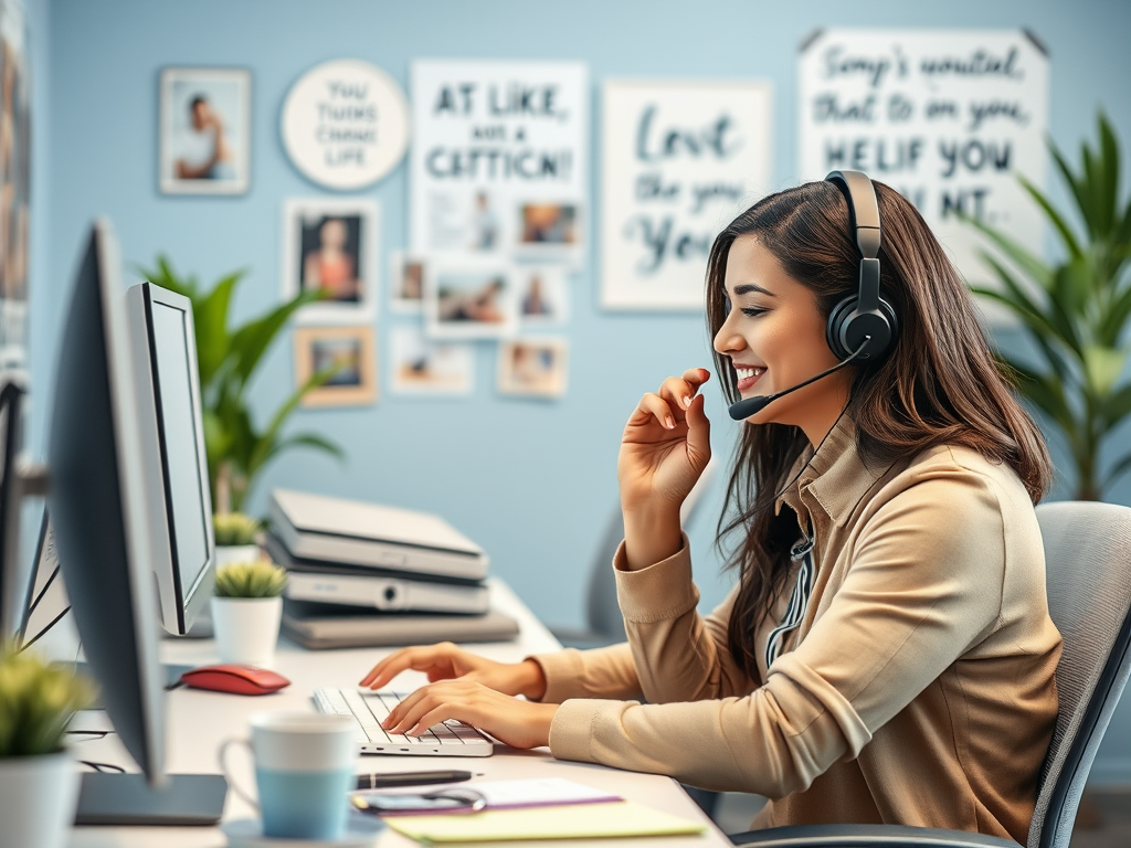A cheerful woman with a headset is working at a computer in a bright office with motivational wall art.