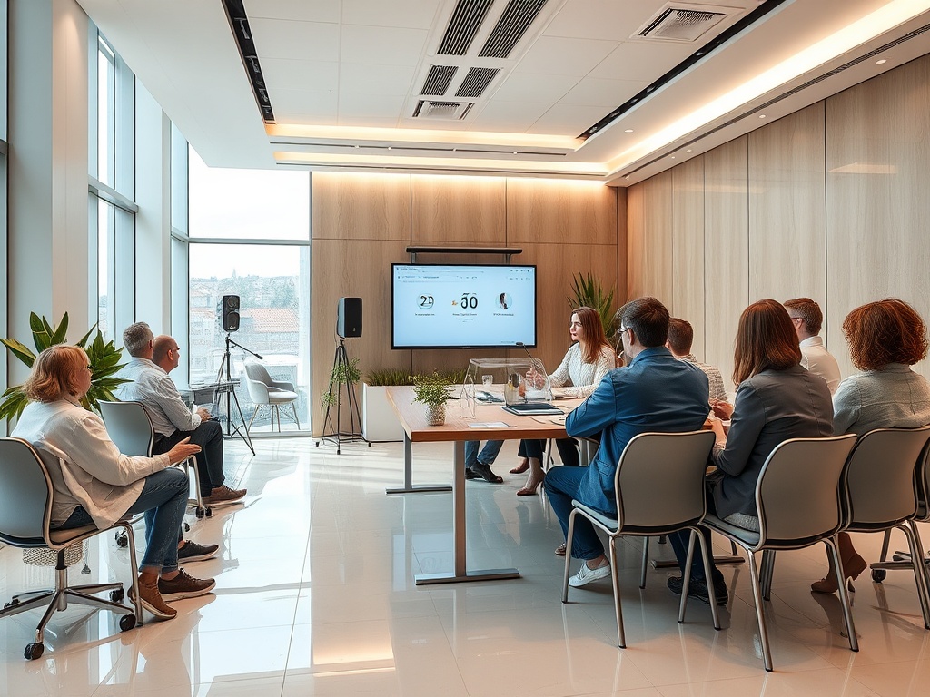 A group of professionals in a modern meeting room, engaged in a presentation with a screen showing data.