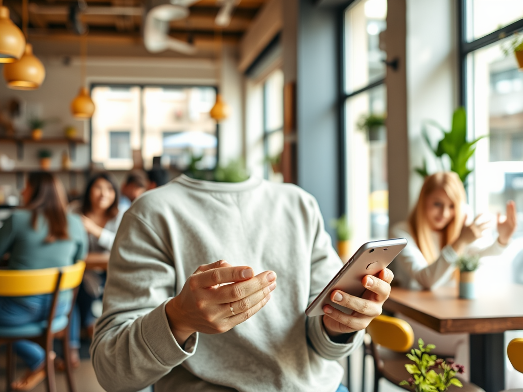 A person with an invisible head holding a phone in a cafe, surrounded by people enjoying their time.