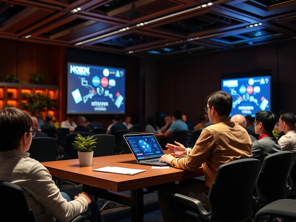 A group in a conference room is engaged in a presentation with a laptop and screen displaying various diagrams.