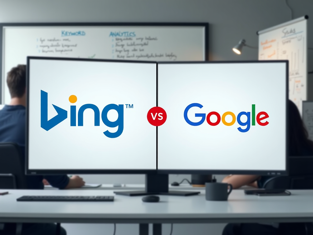 Image showing dual monitor screens side-by-side, one with Bing logo and the other with Google logo, labeled 'vs' in the middle.