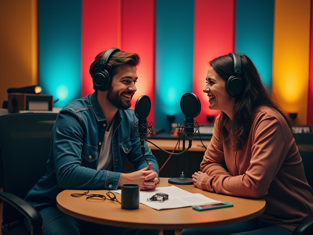 Two people laughing while recording a podcast, with colorful background lighting.