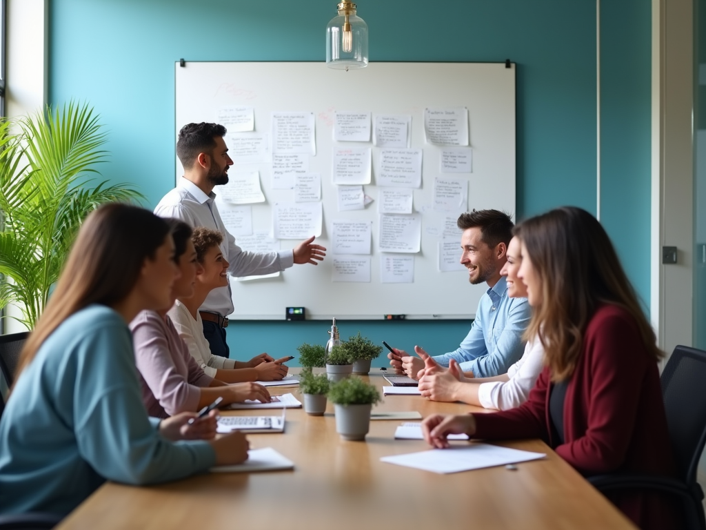 A man presenting a business strategy to attentive colleagues in a modern conference room.