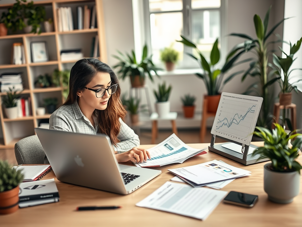 A woman with glasses reviews documents and data on a laptop in a bright, plant-filled office space.