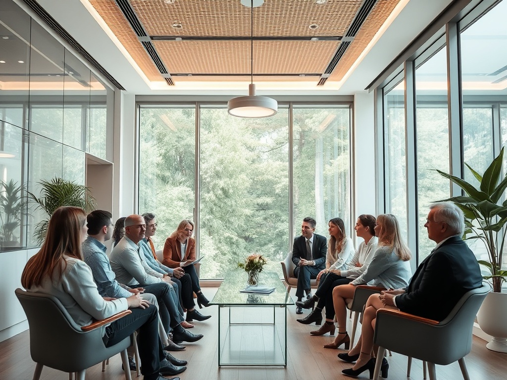 A group of ten professionals in a modern meeting room, engaged in discussion with large windows showing trees outside.