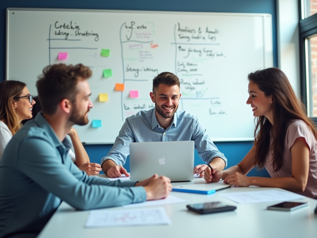 Four professionals smiling and collaborating around a laptop in a meeting room with a whiteboard.