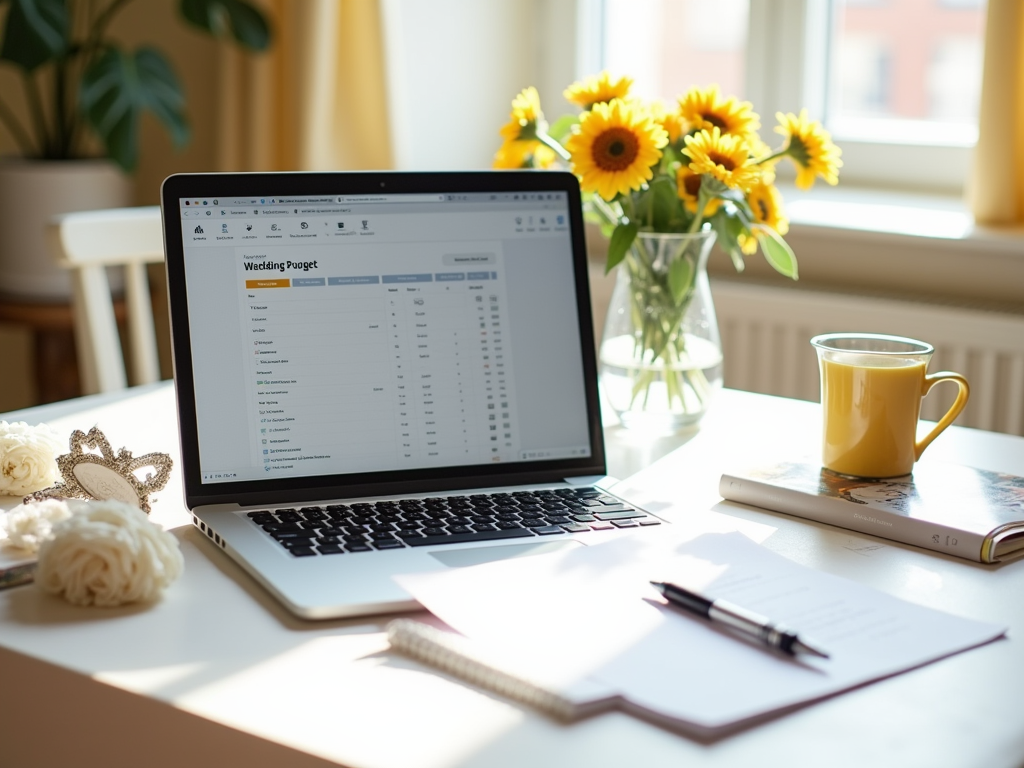 A laptop displays a wedding budget spreadsheet, surrounded by flowers, a notebook, and a cup of coffee.