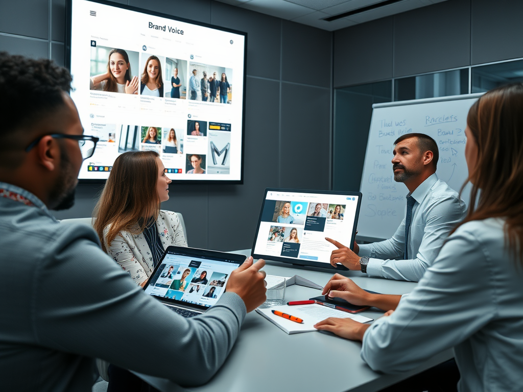 A diverse group of professionals discusses brand strategy in a modern meeting room with digital devices and a large screen.