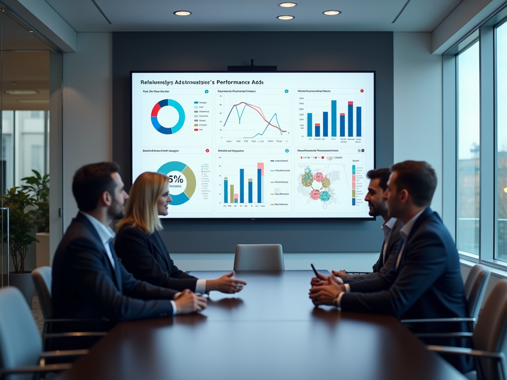 Four business professionals analyzing performance data on a large screen in a modern office setting.