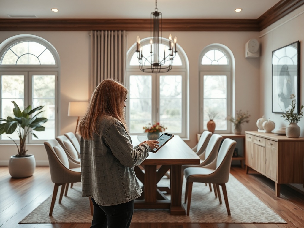 A woman with long, light brown hair stands in a modern dining room, looking at a tablet by a wooden table.